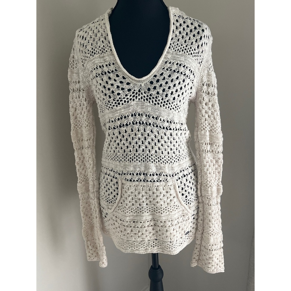 Roxy Womens Cream Open Knit Crochet Pullover Hoodie V-Neck Kangaroo Pocket Large